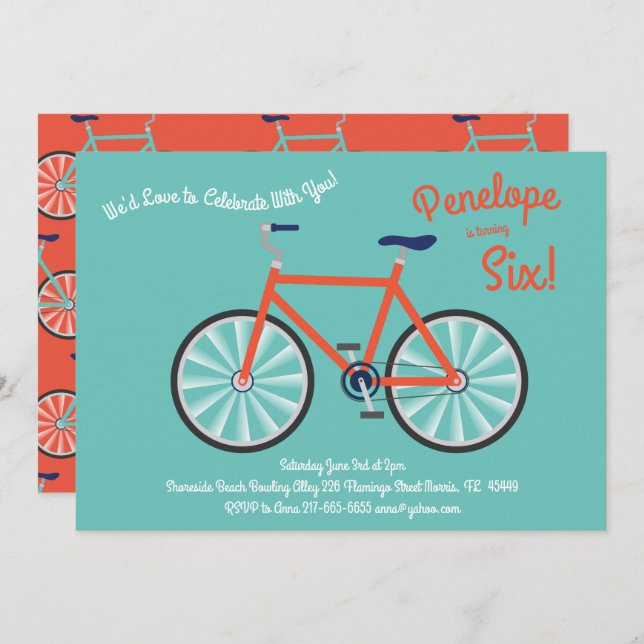Cute Bicycle Kids Bike Birthday Party Cycling Invitation (Front/Back)