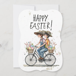Cute Bicycle Ride with Easter Bunnies Eggs Card