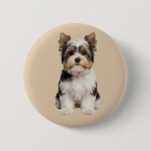 Cute Biewer Biewer Yorkie Puppy Portrait Round Pin