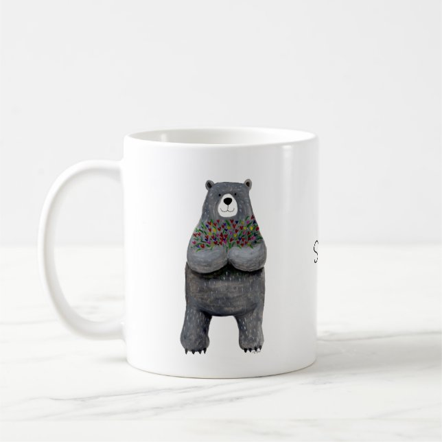 Cute Big Bear with Flowers Custom Name Love Gift Coffee Mug (Left)