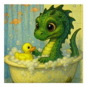 Cute big eye baby sea serpent bubble bath fantasy poster