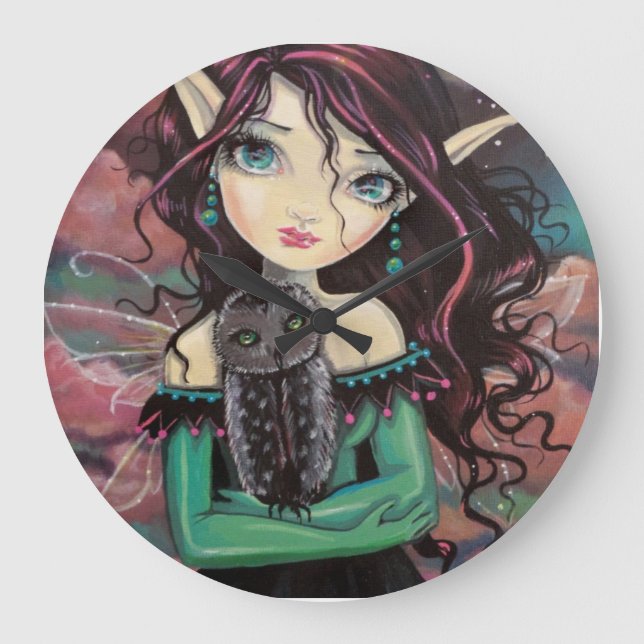 Cute Big-Eye Gothic Fairy and Owl Large Clock (Front)