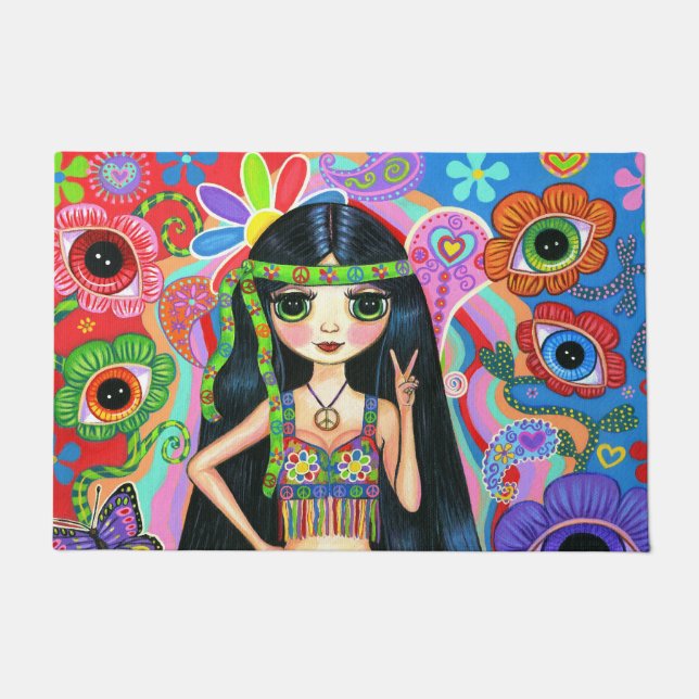 Cute Big Eye Hippie Mermaid Girl Peace Sign 1960s Doormat (Front)