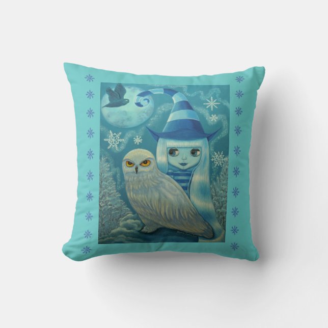 Cute Big Eye Striped Witch with Snowy Owl & Moon Cushion (Front)