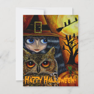 Cute Big Eye Witch Girl & Owl Whimsical Halloween Invitation