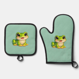 Cute Big-Eyed Frog Kawaii Animal Design Oven Mitt & Pot Holder Set