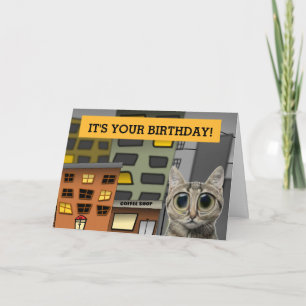 Cute Big Eyed Kitty in the City, BIRTHDAY CARD