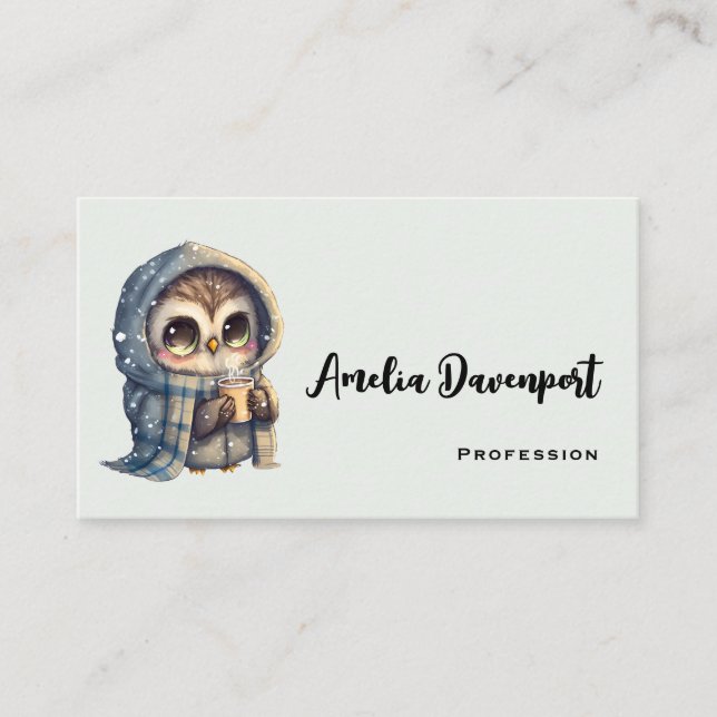 Cute Big-Eyed Owl Holding a Coffee Business Card (Front)