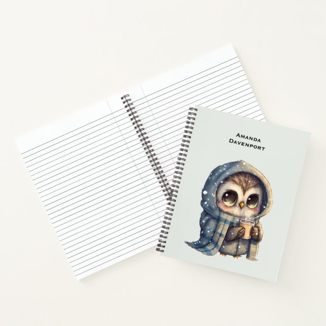 Cute Big-Eyed Owl Holding a Coffee Notebook (Inside)