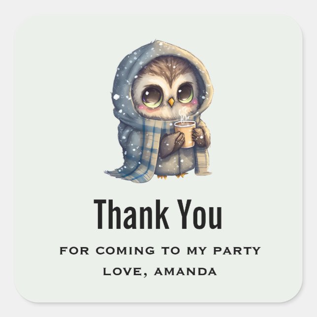 Cute Big-Eyed Owl Holding a Coffee Party Thank You Square Sticker (Front)