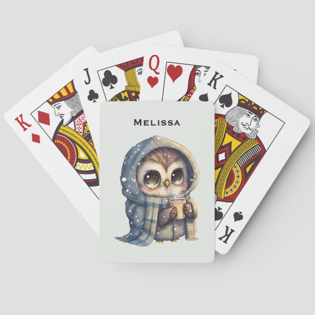 Cute Big-Eyed Owl Holding a Coffee Playing Cards (Back)