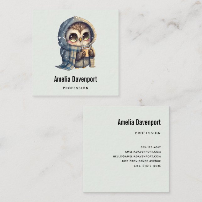 Cute Big-Eyed Owl Holding a Coffee Square Business Card (Front/Back)