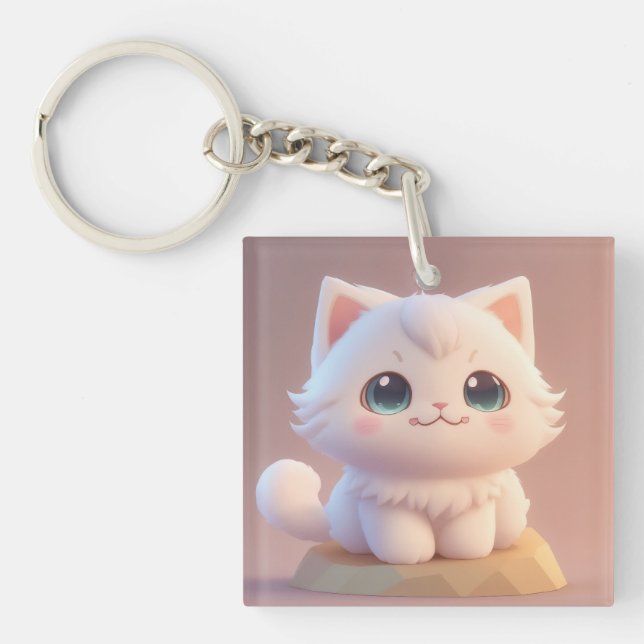 Cute Big Eyes Fluffy White Kitten Key Ring (Front)