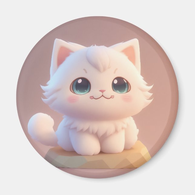 Cute Big Eyes Fluffy White Kitten Magnet (Front)