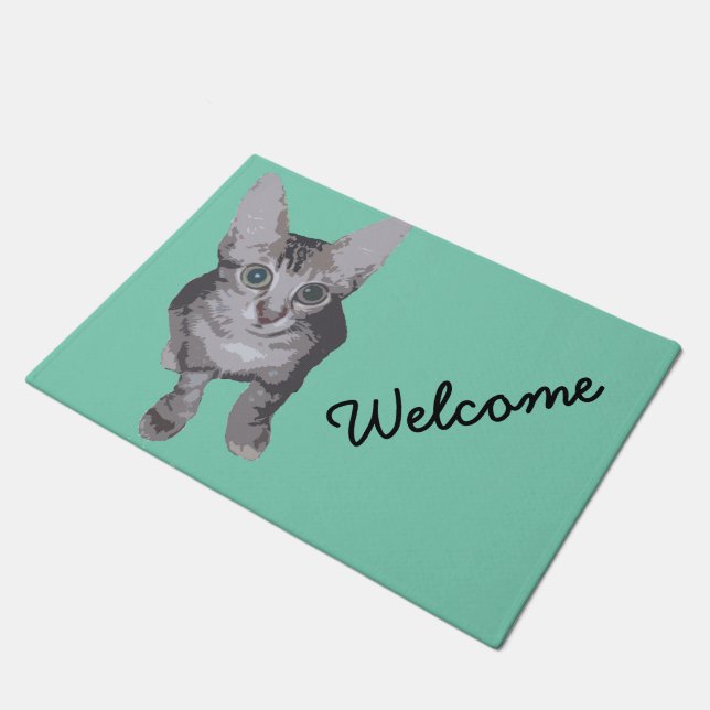 Cute Big Eyes Kitty Welcome Doormat (Angled)