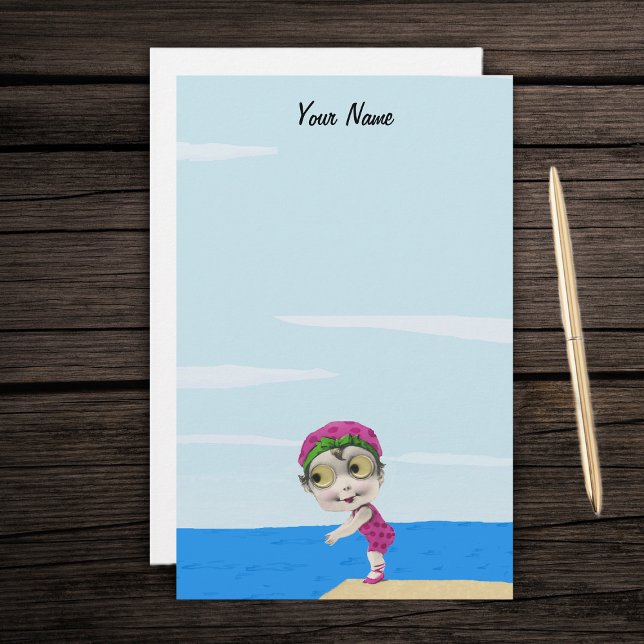 Cute Big Eyes Swimmer Girl Pink Polka Dots Stationery (Cute google eyes little girl swimmer in pink polka dot bathing suit at lake on stationery paper.)