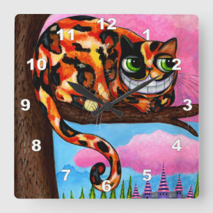 Cute Big Green Eyes Calico Cheshire Cat Square Wall Clock