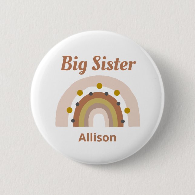 Cute Big Sister Boho Rainbow Personalised Name 6 Cm Round Badge (Front)