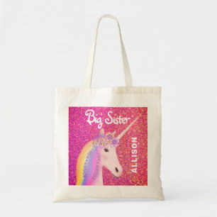 Cute Big Sister Unicorn Pink Glitter Personalised Tote Bag