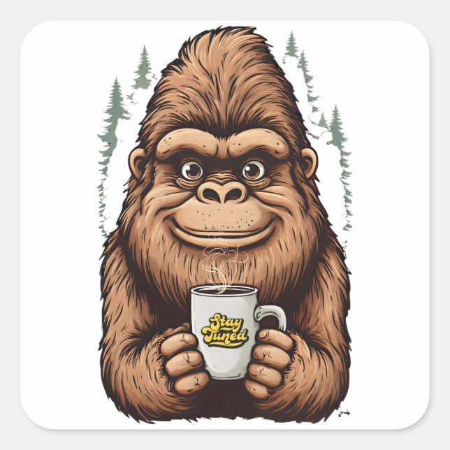 Cute Bigfoot Drinking Coffee  Funny Sasquatch  Square Sticker (Front)