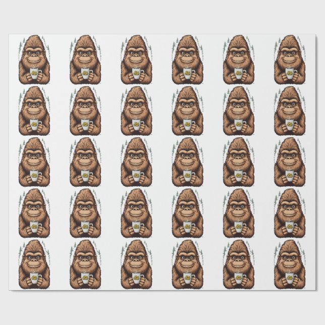 Cute Bigfoot Drinking Coffee  Funny Sasquatch  Wrapping Paper (Flat)