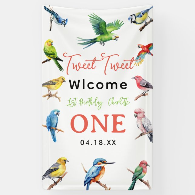 Cute Bird 1st Birthday Party Welcome Banner (Vertical)