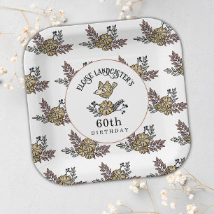 Cute Bird and Flowers 60th Birthday Party Paper Plate