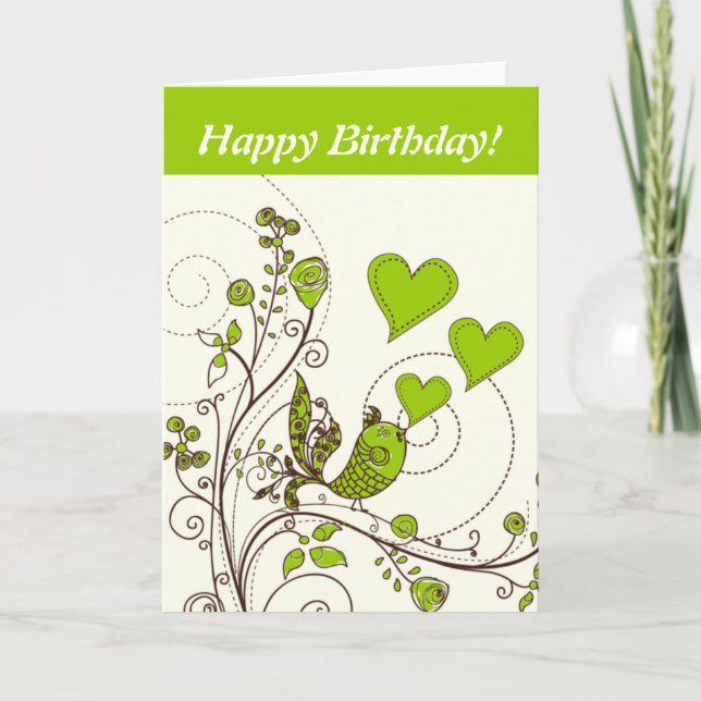 Cute bird and hearts floral green, brown custom card (Front)