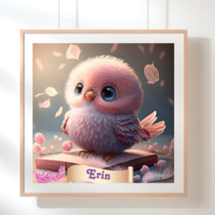 Cute Bird Baby Pink Owl Book Personalised Art Poster