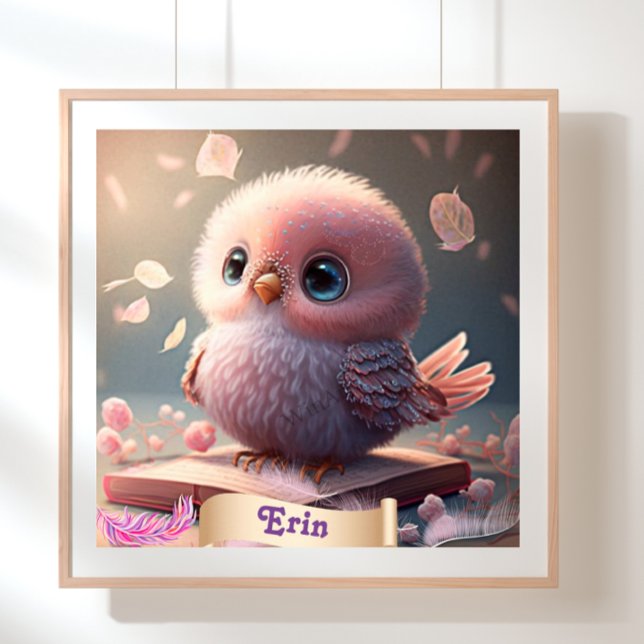 Cute Bird Baby Pink Owl Book Personalised Art Poster (Creator Uploaded)