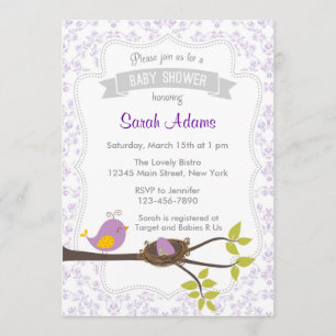 Cute Bird Baby Shower Invitation Pastel Purple