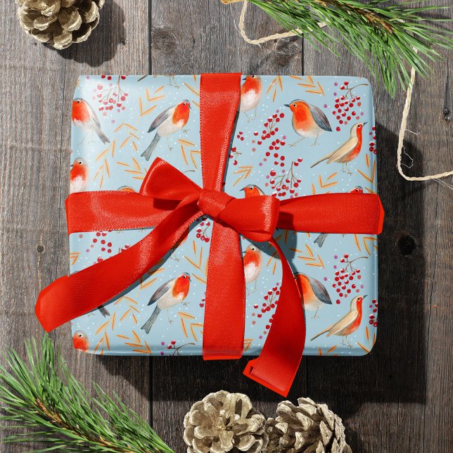 Cute Bird Blue Robin Winter Christmas Pattern Wrapping Paper (Cute Bird Blue Robin Winter Christmas Holiday Pattern Wrapping Paper)