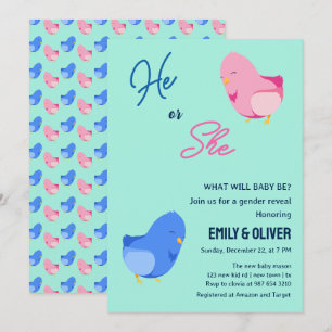 Cute bird boy or girl gender reveal party invitation