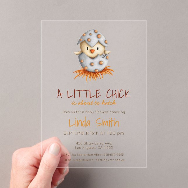 Cute Bird Chick About to Hatch Baby Shower Acrylic Invitations (Insitu (Handheld))