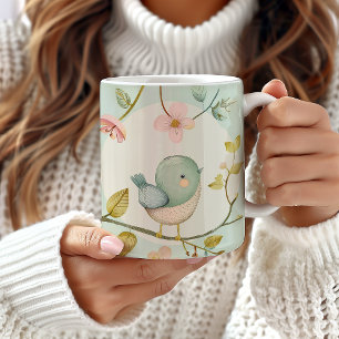 Cute Bird Design Mug, Bird Lover Gift, Floral  Coffee Mug