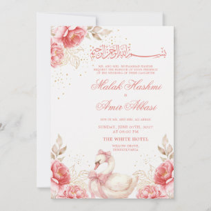 Cute Bird, Floral Gold Islamic Muslim Wedding Invitation
