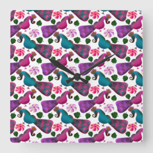 Cute Bird Floral Pattern   Colourful  Birds Square Wall Clock