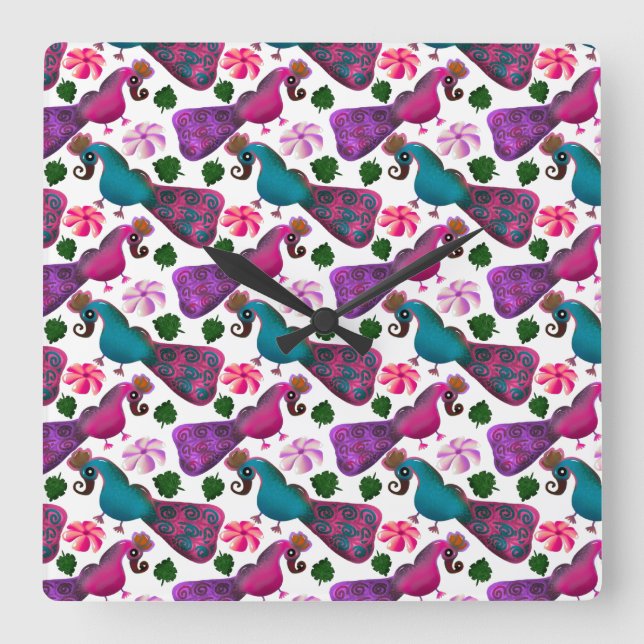 Cute Bird Floral Pattern | Colourful  Birds Square Wall Clock (Front)