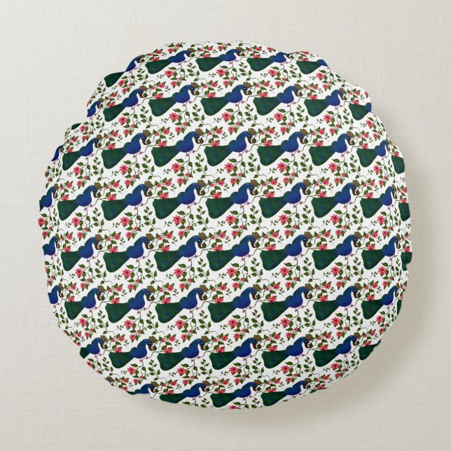 Cute Bird Floral Pattern | Colourful Blue Bird wit Round Cushion (Front)