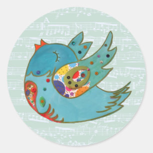 Cute bird flying and singing classic round sticker