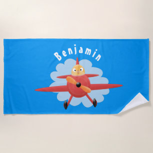 Cute bird flying red aeroplane cartoon illustratio beach towel