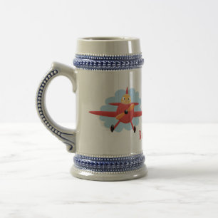 Cute bird flying red aeroplane cartoon illustratio beer stein