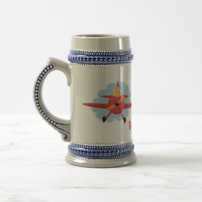 Cute bird flying red aeroplane cartoon illustratio beer stein (Left)