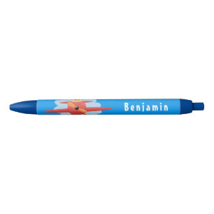 Cute bird flying red aeroplane cartoon illustratio black ink pen