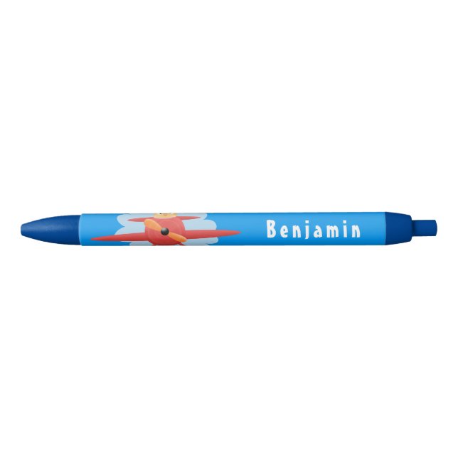 Cute bird flying red aeroplane cartoon illustratio black ink pen (Front)