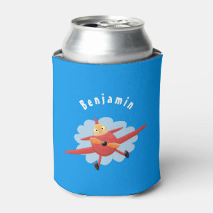 Cute bird flying red aeroplane cartoon illustratio can cooler