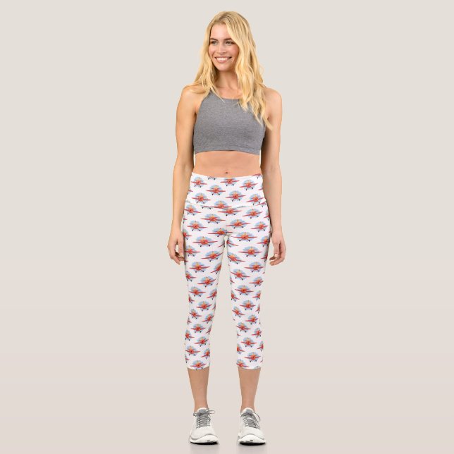 Cute bird flying red aeroplane cartoon illustratio capri leggings (Front)