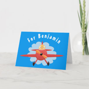 Cute bird flying red aeroplane cartoon illustratio card