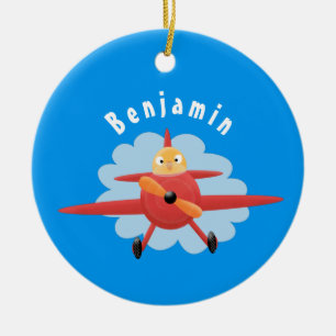 Cute bird flying red aeroplane cartoon illustratio ceramic tree decoration