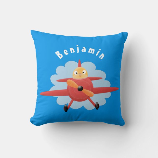 Cute bird flying red aeroplane cartoon illustratio cushion (Front)